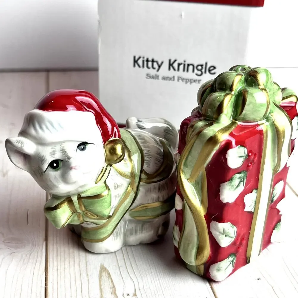Fitz and Floyd Kitty Kringle Salt Pepper Shakers Original Box 2009 Discontinued